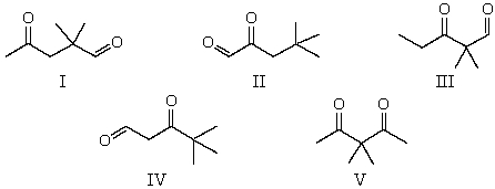 The <sup>1</sup>H NMR spectrum of which of the compounds below,all of formula C<sub>7</sub>H<sub>12</sub>O<sub>2</sub>,would consist of a singlet,a doublet and a triplet only?   A)  I B)  II C)  III D)  IV E)  V