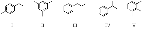  Determine the most likely structure of a compound,with the molecular formula C<sub>9</sub>H<sub>12</sub>,which gave a <sup>1</sup>H NMR spectrum consisting of: a doublet at   \delta 1.25 A septet at   \delta 2.90 and A multiplet at   \delta 7.25   ] A)  I B)  II C)  III D)  IV E)  V 