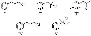  A compound with the molecular formula C<sub>10</sub>H<sub>13</sub>Cl gave the following <sup>1</sup>H NMR spectrum: singlet, \delta   1.6 Singlet, \delta   3.1 Multiplet, \delta   7.2 (5H)  The most likely structure for the compound is:   A)  I B)  II C)  III D)  IV E)  V 