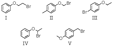  A compound with the molecular formula C<sub>8</sub>H<sub>9</sub>BrO gave the following <sup>1</sup>H NMR spectrum: triplet, \delta   1.4 Quartet, \delta   3.9 Multiplet, \delta   7.0 (4H)  There was no evidence of an -OH band in the IR spectrum.A possible structure for the compound is:   A)  I B)  II C)  III D)  IV E)  V 