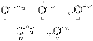  A compound with the molecular formula C<sub>8</sub>H<sub>9</sub>ClO gave the following <sup>1</sup>H NMR spectrum: triplet, \delta  3.7 Triplet, \delta  4.2 Multiplet \delta   7.1 There was no evidence of an -OH band in the IR spectrum.The most likely structure for the compound is:   A)  I B)  II C)  III D)  IV E)  V 