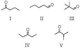  A compound C<sub>5</sub>H<sub>10</sub>O gave the following spectral data: <sup>1</sup>H NMR spectrum IR spectrum Doublet, \delta   1.10 strong peak Singlet, \delta   2.10 near 1720 cm<sup>-1</sup> Septet, \delta   2.50 Which is a reasonable structure for the compound?   A)  I B)  II C)  III D)  IV E)  V 