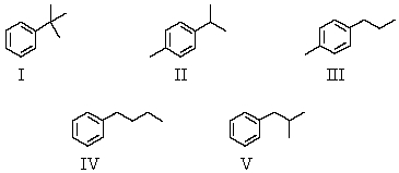  A compound with the molecular formula C<sub>10</sub>H<sub>14 </sub>gave the following <sup>1</sup>H NMR spectrum: doublet, \delta  1.2 Singlet, \delta   2.3 Septet, \delta  2.8 Multiplet, \delta   7.1 A possible structure for the compound is:   A)  I B)  II C)  III D)  IV E)  V 