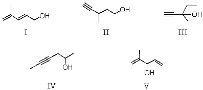  Determine the likely structure for a compound A (C<sub>6</sub>H<sub>10</sub>O) ,which is found to decolorize bromine in carbon tetrachloride.Its spectral data is as follows: <sup>1</sup>H NMR IR Triplet, \delta  1.0 singlet, \delta  2.4 2200 cm<sup>-1</sup> (sharp)  Singlet, \delta   1.4 singlet, \delta  3.4 3300 cm<sup>-1 </sup>(sharp)  Quartet, \delta   1.6 3500 cm<sup>-1 </sup>(broad)    A)  I B)  II C)  III D)  IV E)  V 