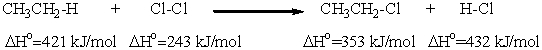  The bond dissociation energies for the relevant bonds are given below each of the species involved in the following reaction.Calculate the overall  \Delta H° for the reaction.   A)  -121 kJ / mol B)  +121 kJ / mol C)  +243 kJ / mol D)  +664 kJ / mol E)  -785 kJ / mol 