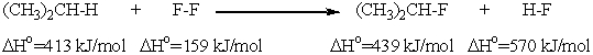  The bond dissociation energies for the relevant bonds are given below each of the species involved in the following reaction.Calculate the overall \Delta H° for the reaction.   A)  +437 kJ / mol B)  -437 kJ / mol C)  -411 kJ / mol D)  +26 kJ / mol E)  -1581 kJ / mol<sup> </sup> 