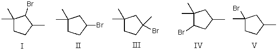 Mono-bromination of the following alkane,   , (using Br<sub>2</sub> with light) would be?   A)  I B)  II C)  III D)  IV E)  V