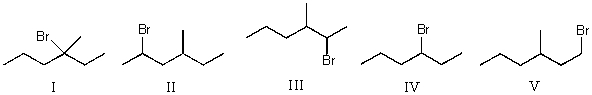 Mono-bromination of the following alkane,   , (using Br<sub>2</sub> with light) would be?   A)  I B)  II C)  III D)  IV E)  V