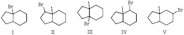 Mono-bromination of the following alkane,   , (using Br<sub>2</sub> with light) would be?   A)  I B)  II C)  III D)  IV E)  V