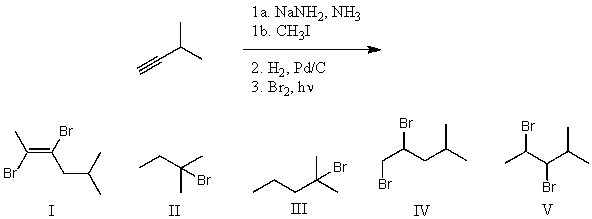 What is the product for the following three-step reaction sequence?   A)  I B)  II C)  III D)  IV E)  V