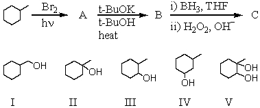 What is the final product,C,obtained via the following reaction sequence?   A)  I B)  II C)  III D)  IV E)  V