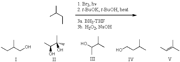 What is the product for the following three-step reaction sequence?   A)  I B)  II C)  III D)  IV E)  V