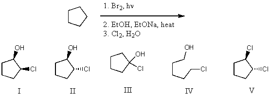 What is the product for the following three-step reaction sequence?   A)  I B)  II C)  III D)  IV E)  V