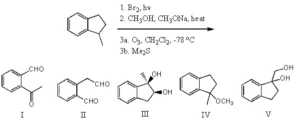 What is the product for the following three-step reaction sequence?   A)  I B)  II C)  III D)  IV E)  V