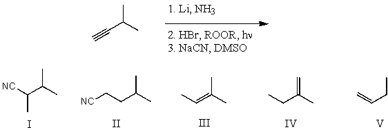 What is the product for the following three-step reaction sequence?   A)  I B)  II C)  III D)  IV E)  V