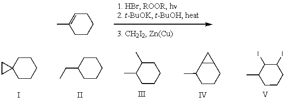 What is the product for the following three-step reaction sequence?   A)  I B)  II C)  III D)  IV E)  V