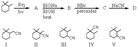 What is the major product obtained from the following reaction sequence?   A)  I B)  II C)  III D)  IV E)  V