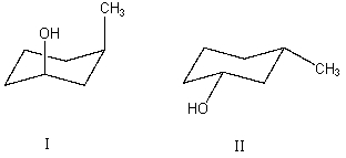 What is the relationship between alcohols I and II?   They are: A)  different conformations of the same compound. B)  constitutional isomers. C)  enantiomers. D)  diastereomers. E)  identical.
