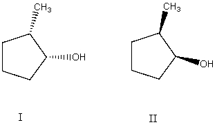 What is the relationship between alcohols I and II?   They are: A)  different conformations of the same compound. B)  constitutional isomers. C)  enantiomers. D)  diastereomers. E)  identical.