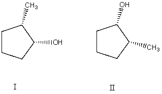 What is the relationship between alcohols I and II?   They are: A)  different conformations of the same compound. B)  constitutional isomers. C)  enantiomers. D)  diastereomers. E)  identical.