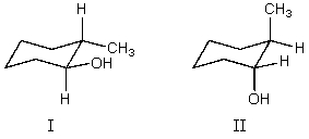 What is the relationship between alcohols I and II?   They are: A)  different conformations of the same compound. B)  constitutional isomers. C)  enantiomers. D)  diastereomers. E)  identical.