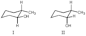 What is the relationship between alcohols I and II?   They are: A)  different conformations of the same compound. B)  constitutional isomers. C)  enantiomers. D)  diastereomers. E)  identical.