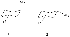 What is the relationship between alcohols I and II?   They are: A)  different conformations of the same compound. B)  constitutional isomers. C)  enantiomers. D)  diastereomers. E)  identical.