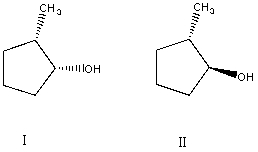 What is the relationship between alcohols I and II?   They are: A)  different conformations of the same compound. B)  constitutional isomers. C)  enantiomers. D)  diastereomers. E)  identical.