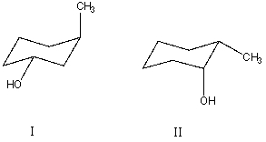 What is the relationship between alcohols I and II?   They are: A)  different conformations of the same compound. B)  constitutional isomers. C)  enantiomers. D)  diastereomers. E)  identical.