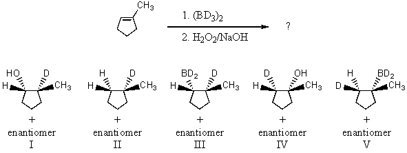 The hydroboration-oxidation procedure can be successfully employed for synthesis of deuterated derivatives,by using BD<sub>3</sub> instead of BH<sub>3</sub>.What product would you expect from the following reaction?   A)  I B)  II C)  III D)  IV E)  V