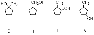 Oxymercuration-demercuration of 3-methylcyclopentene produces this/these product(s) :   A)  I B)  II C)  III D)  IV E)  Both III and IV