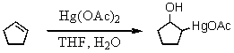 What is the electrophilic species involved in the initial step of the reaction below?   A)   <sup>+</sup>OH  B)   <sup>+</sup>HgOAc  C)   H<sub>3</sub>O<sup>+</sup>  D)   THF  E)   the THF/H<sub>2</sub>O complex 