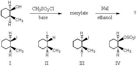 What would be the major product of the following reaction sequence?   A)  I B)  II C)  III D)  IV E)  An equimolar mixture of I and II