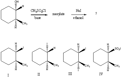 What would be the major product of the following reaction sequence?   A)  I B)  II C)  III D)  IV E)  An equimolar mixture of I and II