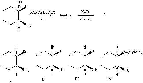 What would be the major product of the following reaction sequence?   A)  I B)  II C)  III D)  IV E)  An equimolar mixture of II and III