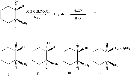What would be the major product of the following reaction sequence?   A)  I B)  II C)  III D)  IV E)  An equimolar mixture of I and II