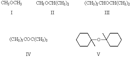 Which of these ethers is least likely to undergo significant cleavage by hot aqueous H<sub>2</sub>SO<sub>4</sub> ?   A)  I B)  II C)  III D)  IV E)  V
