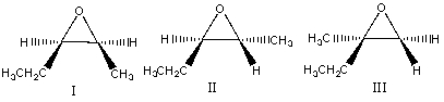 If (E) -2-pentene is treated with meta-chloroperbenzoic acid what is the final product?   A)  I B)  II C)  III D)  All of the above E)  None of the above