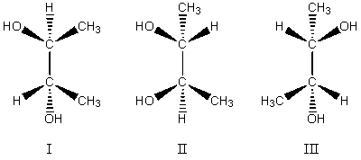 Which compound (or compounds) would be produced when cis-2-butene is treated first with a peroxy acid to form an epoxide,and then the epoxide is subjected to acid-catalyzed hydrolysis?   A)  An equimolar mixture of I and II B)  An equimolar mixture of II and III C)  I alone D)  II alone E)  III alone