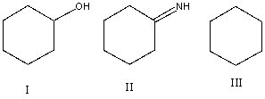 List the following compounds in order of increasing level of oxidation:   A)  I,II,III B)  I,III,II C)  II,I,III D)  III,I,II E)  III,II,I