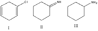 List the following compounds in order of increasing level of oxidation:   A)  I,II,III B)  III,II,I C)  II,I,III D)  III,I,II E)  I,III,II