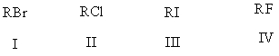 List the following alkyl halides in order of increasing ease of Grignard formation:   A)  I,II,III,IV B)  III,I,II ,IV C)  IV,II,I,III D)  III,I,IV,II E)  I,IV,III,II