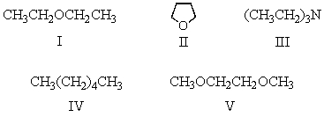If the role of the solvent is to assist in the preparation and stabilization of the Grignard reagent by coordination with the magnesium,which of these solvents should be least effective?   A)  I B)  II C)  III D)  IV E)  V