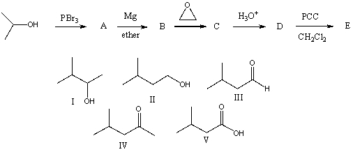 The final product,E,in the following reaction sequence is,   A)  I B)  II C)  III D)  IV E)  V