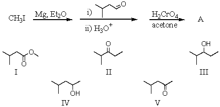 What is the final product of the following reaction sequence?   A)  I B)  II C)  III D)  IV E)  V