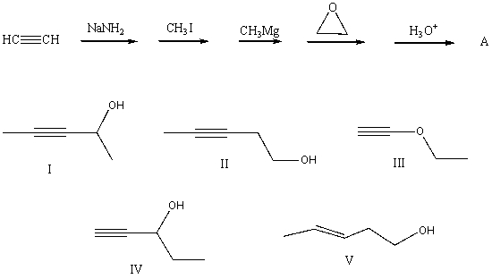 What is the product,A,that would be obtained from the following reaction sequence?   A)  I B)  II C)  III D)  IV E)  V