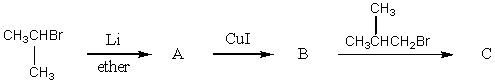 What would be the alkane C that is the product of the following reaction sequence?   A)    B)    C)    D)    E)   