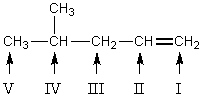  Which carbon of   is predicted to be the major site of substitution when this alkene reacts with chlorine at 400   \degree C? A)  I B)  II C)  III D)  IV E)  V 
