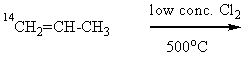 What product(s) would you expect from the following substitution reaction of <sup>14</sup>C-labeled propene?   A)   <sup>14</sup>CH<sub>2</sub>=CH-CH<sub>2</sub>Cl alone  B)   <sup>14</sup>CH<sub>2</sub>=CH-CH<sub>2</sub>Cl and CH<sub>2</sub>=CH-<sup>14</sup>CH<sub>2</sub>Cl,in equal amounts C)  CH<sub>2</sub>=CH-<sup>14</sup>CH<sub>2</sub>Cl alone  D)   more<sup> 14</sup>CH<sub>2</sub>=CHCH<sub>2</sub>Cl,but a little CH<sub>2</sub>=CH-<sup>14</sup>CH<sub>2</sub>Cl  E)   more CH<sub>2</sub>=CH-<sup>14</sup>CH<sub>2</sub>Cl,but a little <sup>14</sup>CH<sub>2</sub>=CHCH<sub>2</sub>Cl 