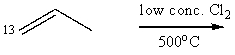 What product(s) would you expect from the following substitution reaction of <sup>14</sup>C-labeled propene?   A)   <sup>1</sup><sup>3</sup>CH<sub>2</sub>=CH-CH<sub>2</sub>Cl alone  B)   <sup>1</sup><sup>3</sup>CH<sub>2</sub>=CH-CH<sub>2</sub>Cl and CH<sub>2</sub>=CH-<sup>1</sup><sup>3</sup>CH<sub>2</sub>Cl,in equal amounts  C)   CH<sub>2</sub>=CH-<sup>1</sup><sup>3</sup>CH<sub>2</sub>Cl alone  D)   more<sup> 1</sup><sup>3</sup>CH<sub>2</sub>=CHCH<sub>2</sub>Cl,but a little CH<sub>2</sub>=CH-<sup>1</sup><sup>3</sup>CH<sub>2</sub>Cl  E)   more CH<sub>2</sub>=CH-<sup>1</sup><sup>3</sup>CH<sub>2</sub>Cl,but a little <sup>1</sup><sup>3</sup>CH<sub>2</sub>=CHCH<sub>2</sub>Cl 
